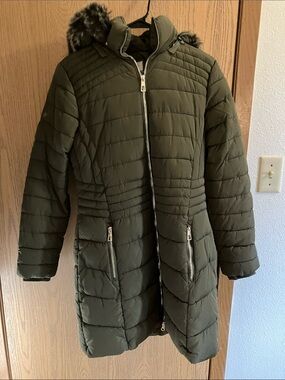 YMI Olive Quilted Long Puffer Coat with Faux-Fur Trimmed Hood